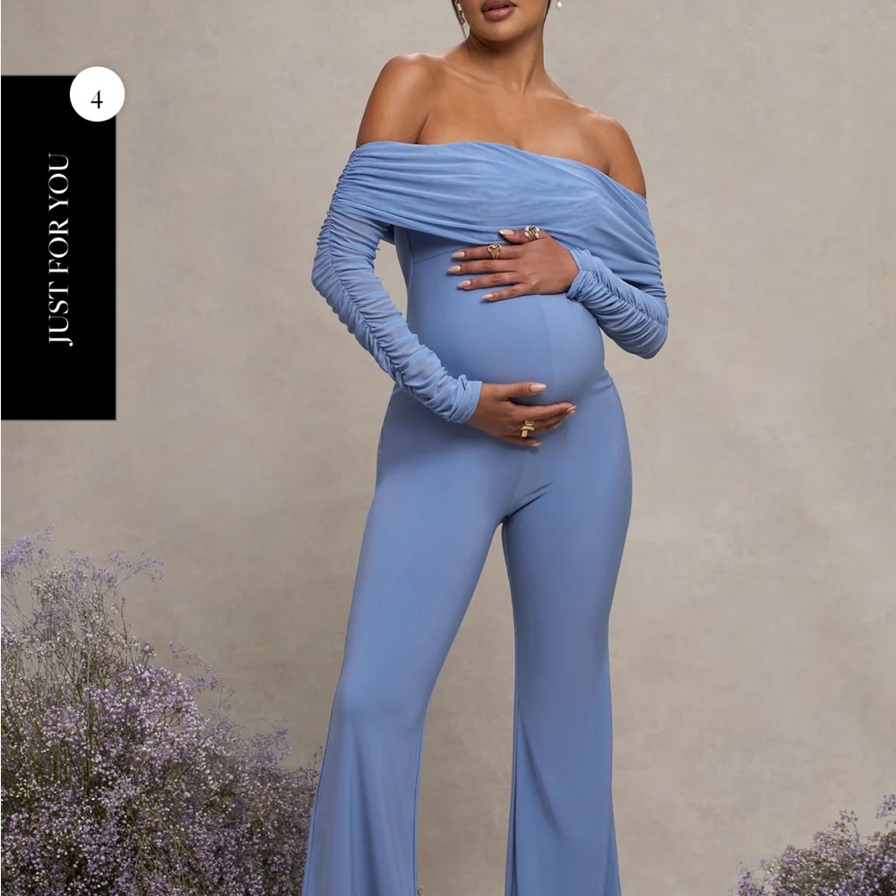 Off-Shoulder Blue Maternity Jumpsuit